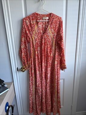 Natalie Martin Red Printed Long Sleeve Maxi Dress with Yellow Trim
